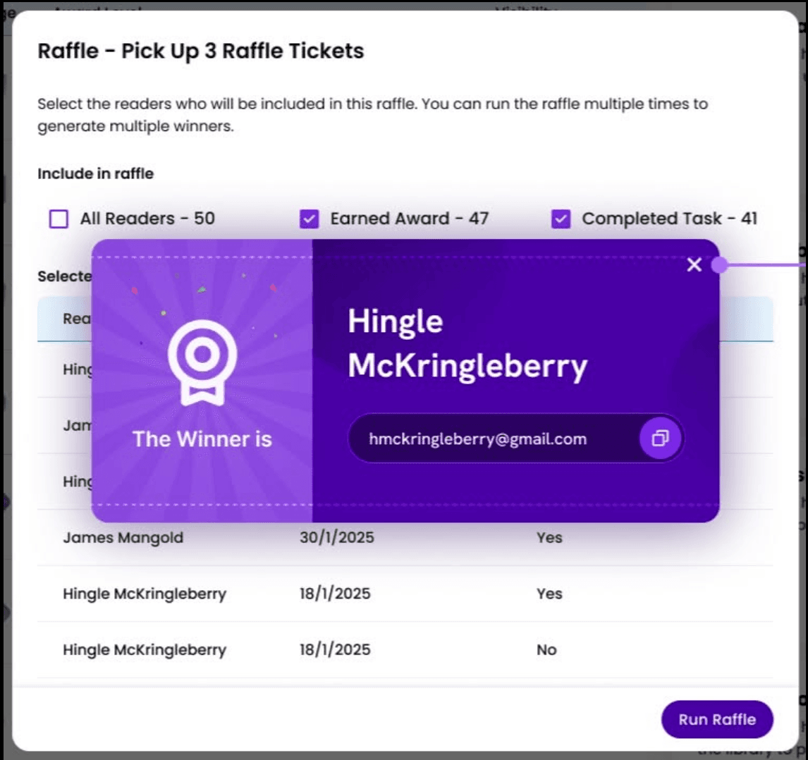 Reader Zone raffle eligibility controls: All Readers, Earned Award, and Completed Task