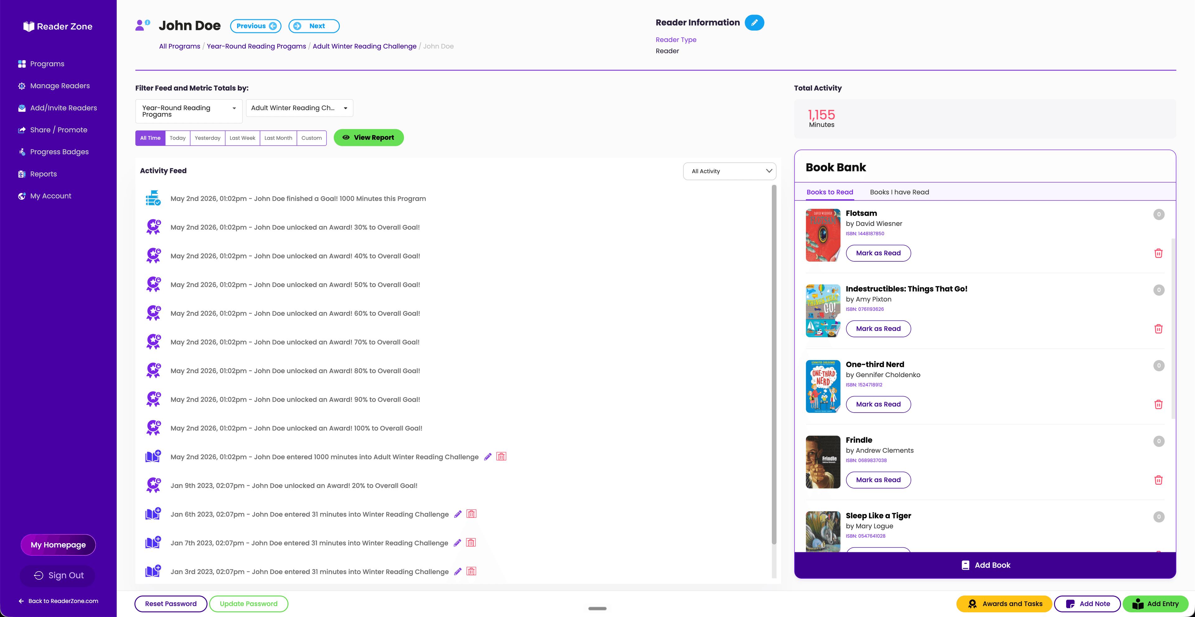 Reader Zone Reader Page showing John Doe's Activity Feed, Book Bank, total activity, Awards and Tasks, Notes, and reading-entry controls