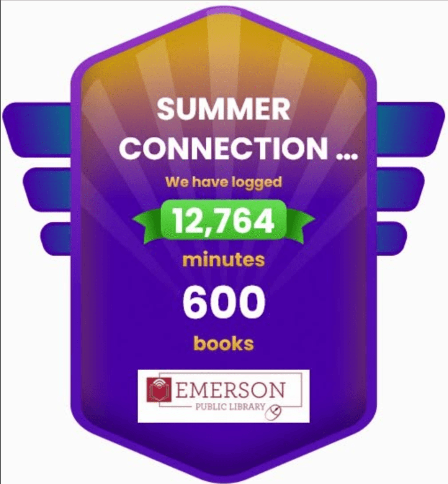 Reader Zone summer reading Progress Badge for Emerson Public Library showing 12,764 minutes and 600 books logged