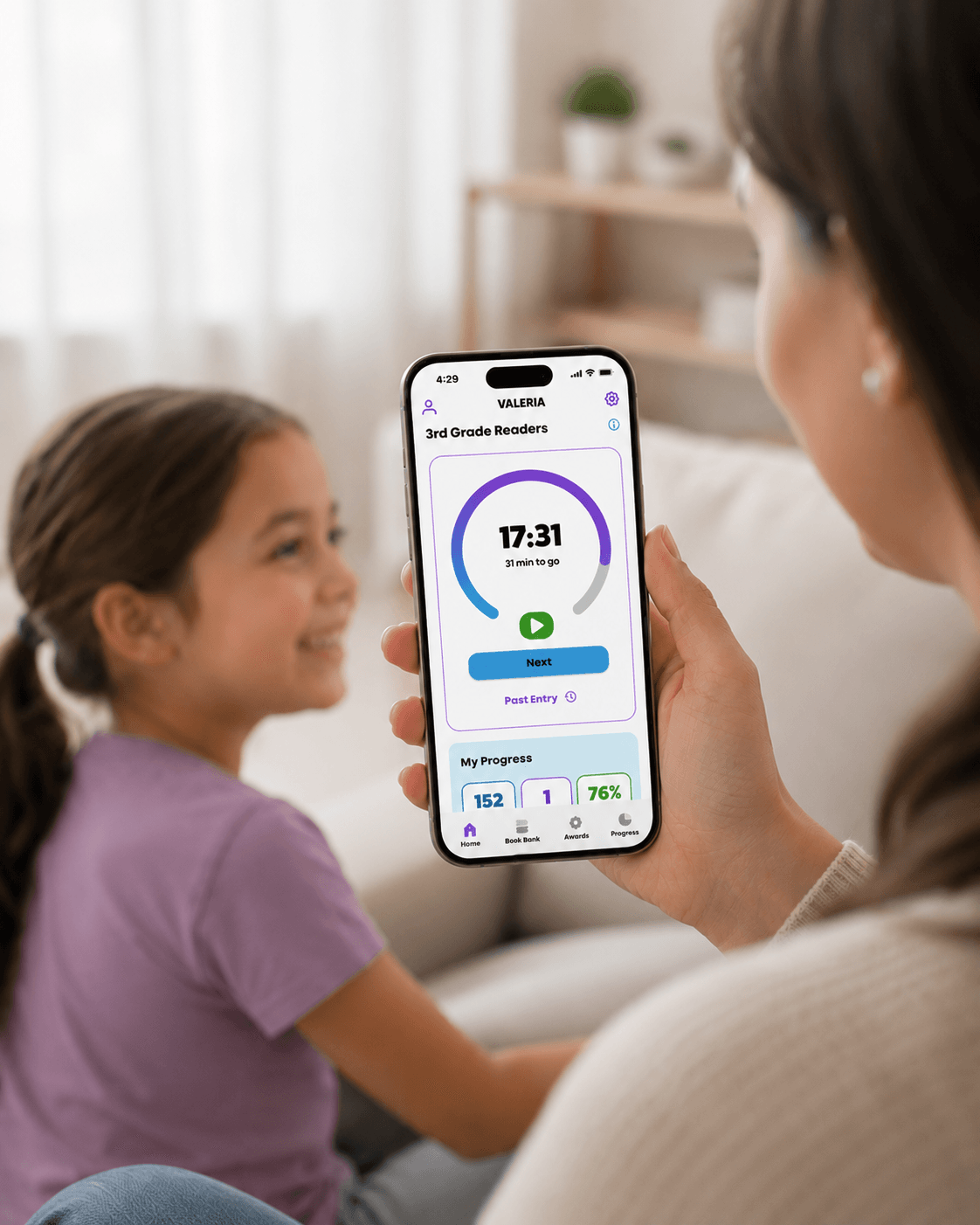 A family using the Reader Zone app to log classroom reading