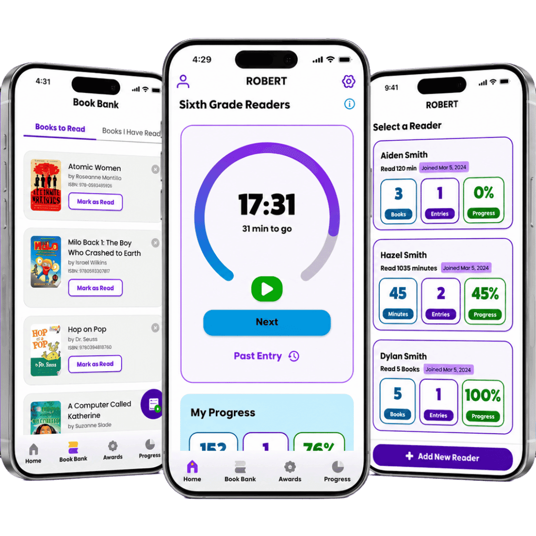 Reader Zone mobile app screens used by readers and families