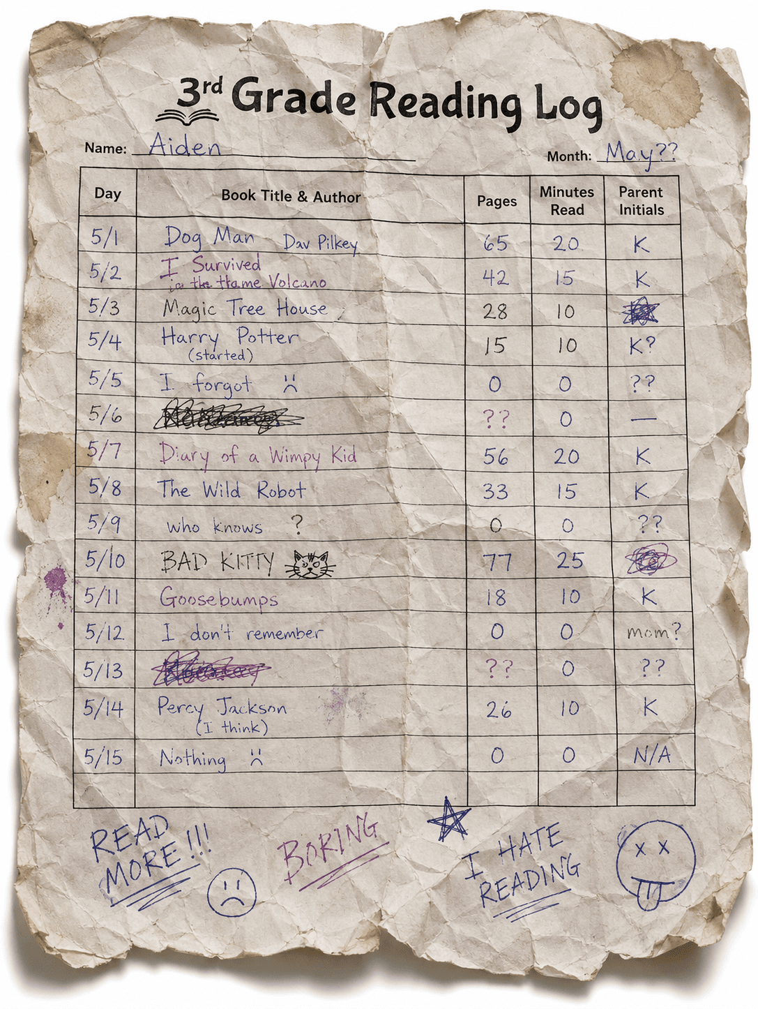 A paper classroom reading log
